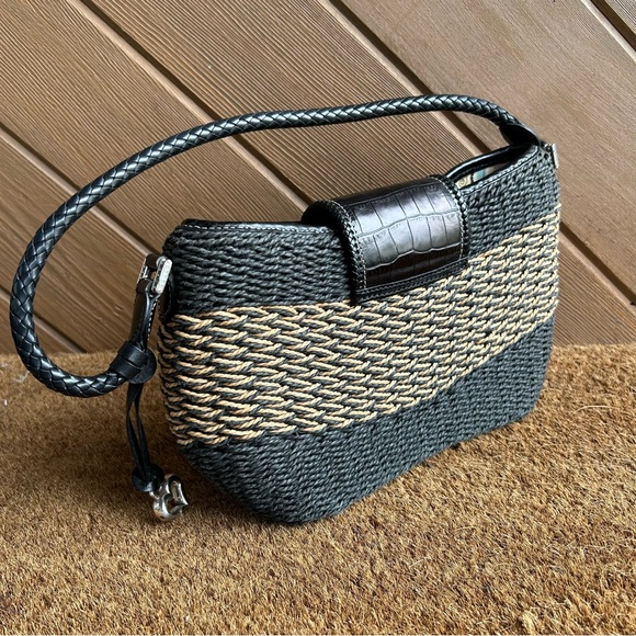 Brighton Woven Satchel Bag Purse Black Tan Straw Leather Shoulder strap - Picture 4 of 7